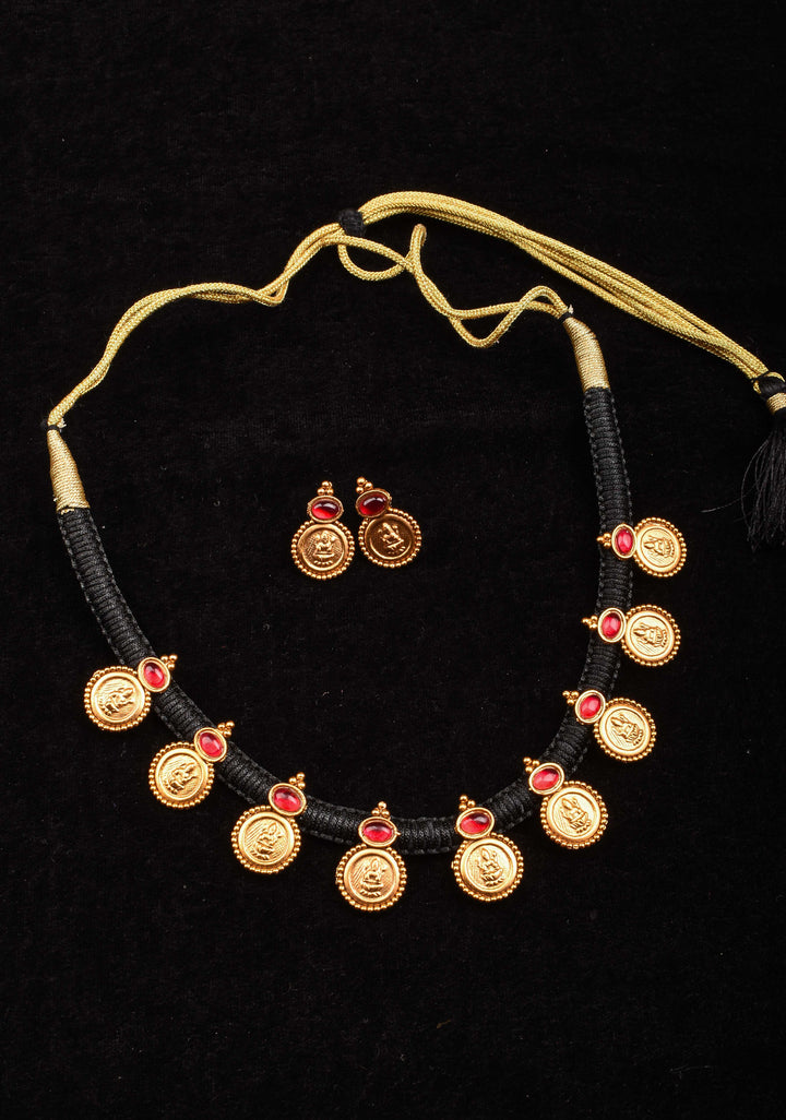 Black Thread Lakshmi Coin and Red Stone Necklace and Earring Set