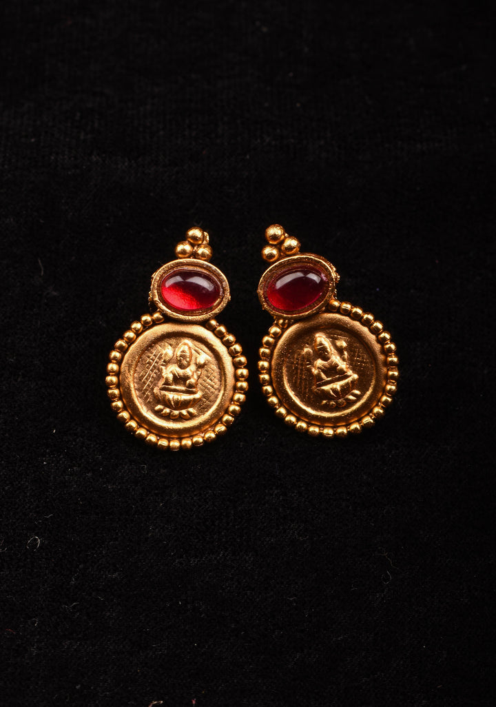 Black Thread Lakshmi Coin and Red Stone Necklace and Earring Set
