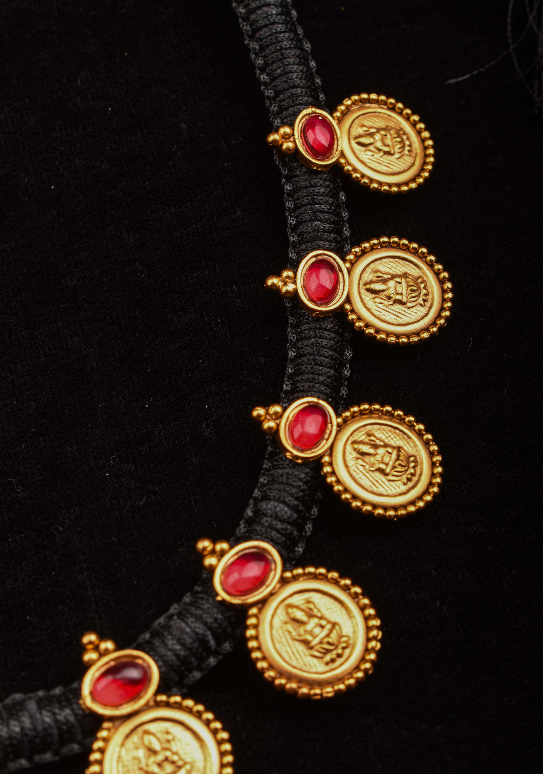 Black Thread Lakshmi Coin and Red Stone Necklace and Earring Set