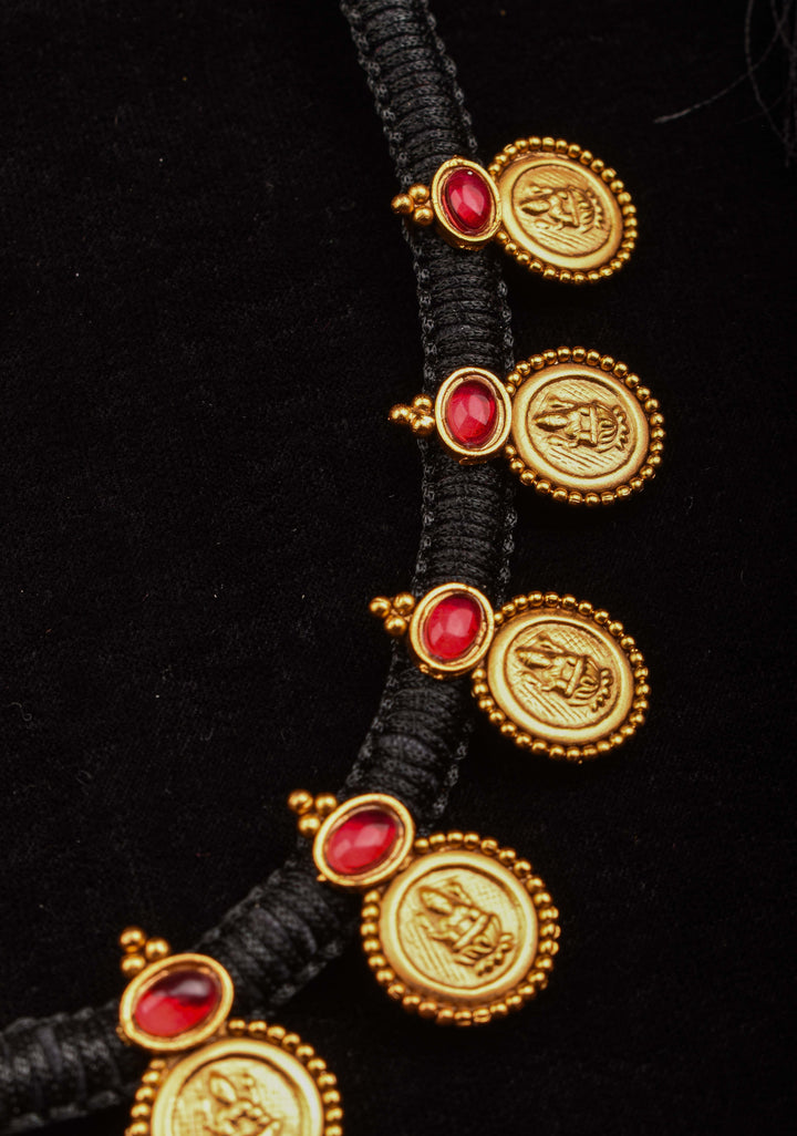 Black Thread Lakshmi Coin and Red Stone Necklace and Earring Set