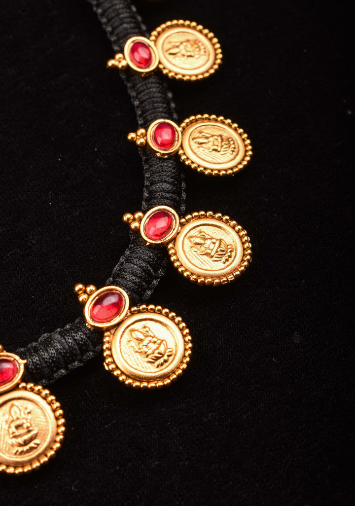 Black Thread Lakshmi Coin and Red Stone Necklace and Earring Set
