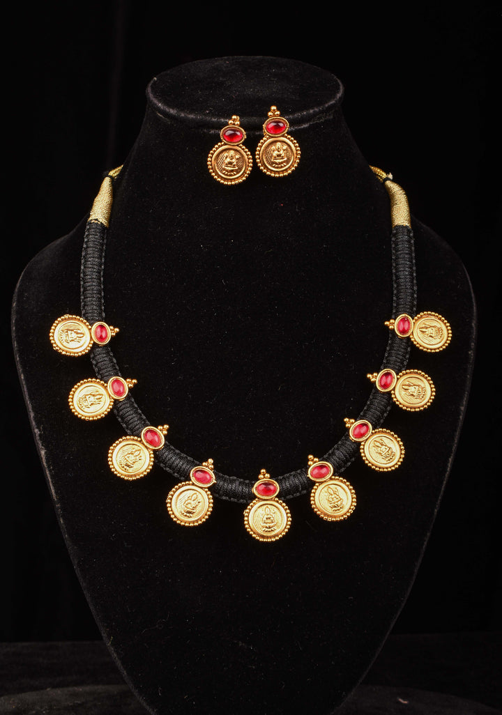 Black Thread Lakshmi Coin and Red Stone Necklace and Earring Set