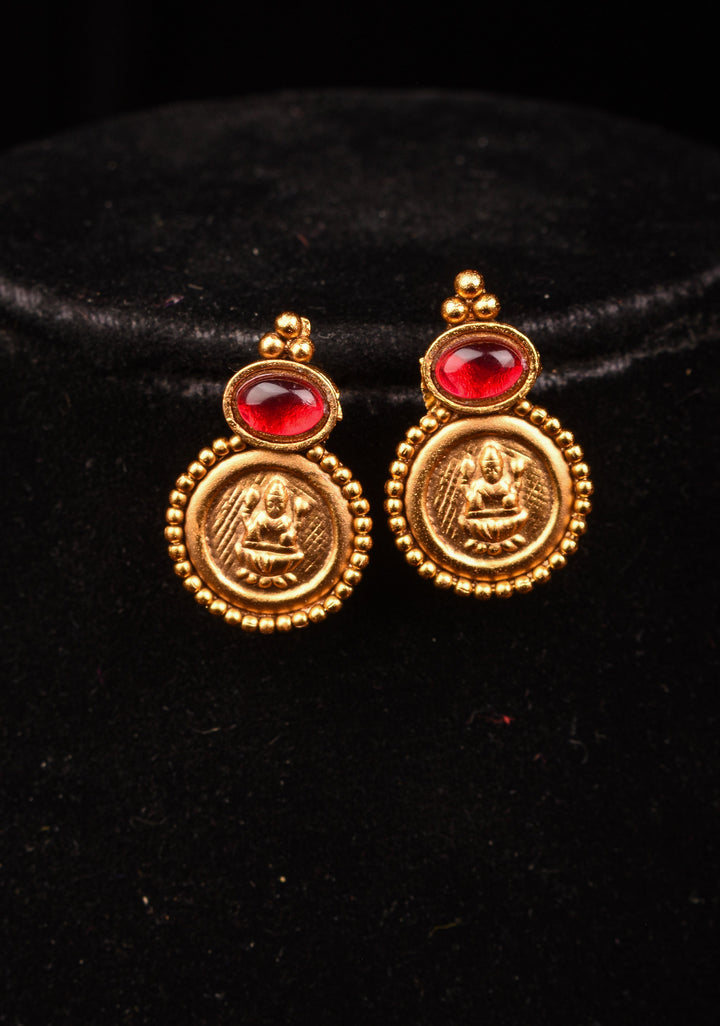 Black Thread Lakshmi Coin and Red Stone Necklace and Earring Set