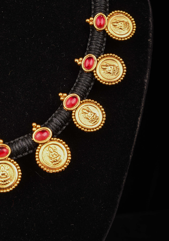Black Thread Lakshmi Coin and Red Stone Necklace and Earring Set