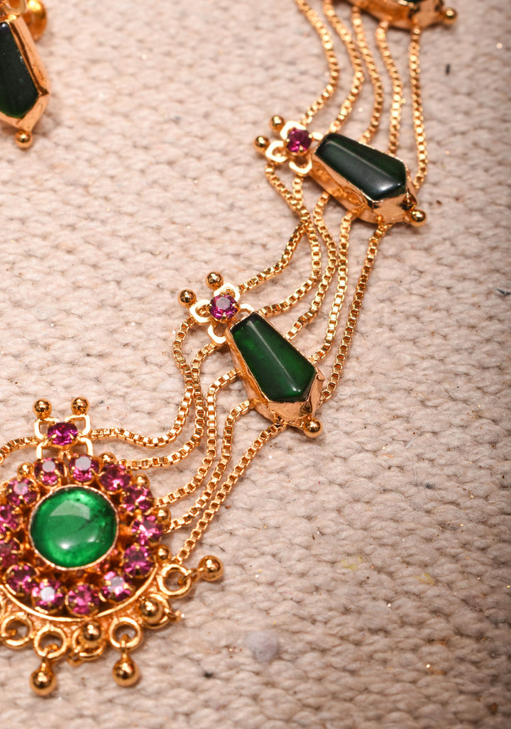 Gold tone kerala style pink-green nagapadam choker combo necklace set