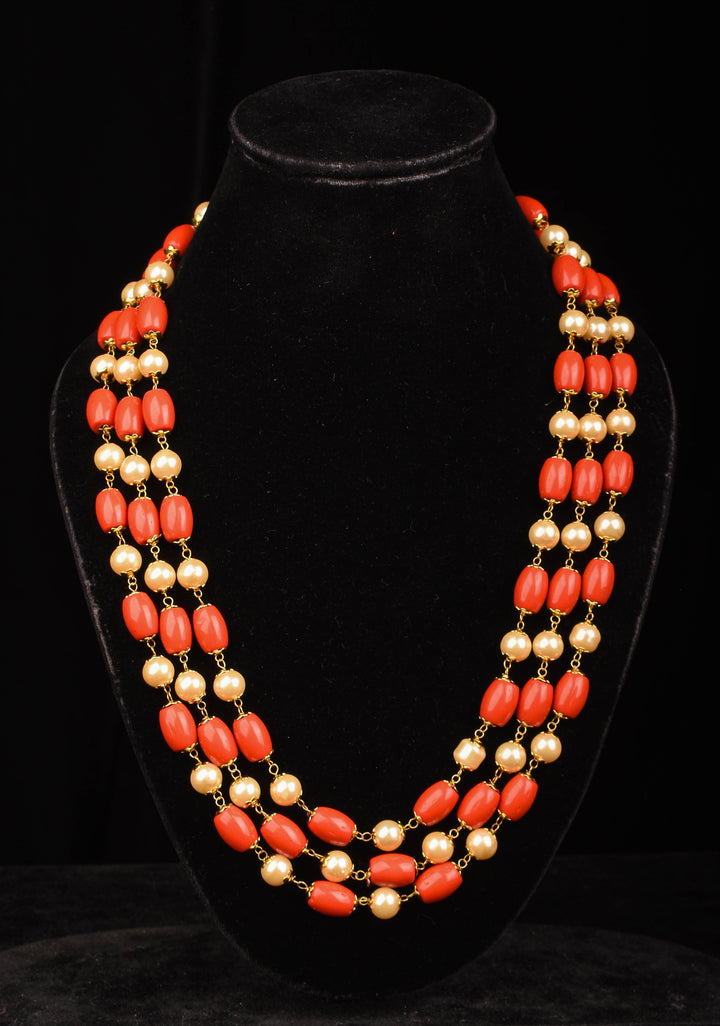 3 Layered Coral Necklace with Pearl Accents