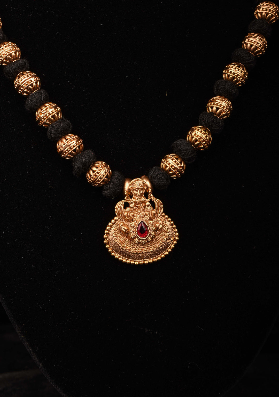 Traditional Black Thread Necklace Set with Lakshmi Pendant and Gold Beads