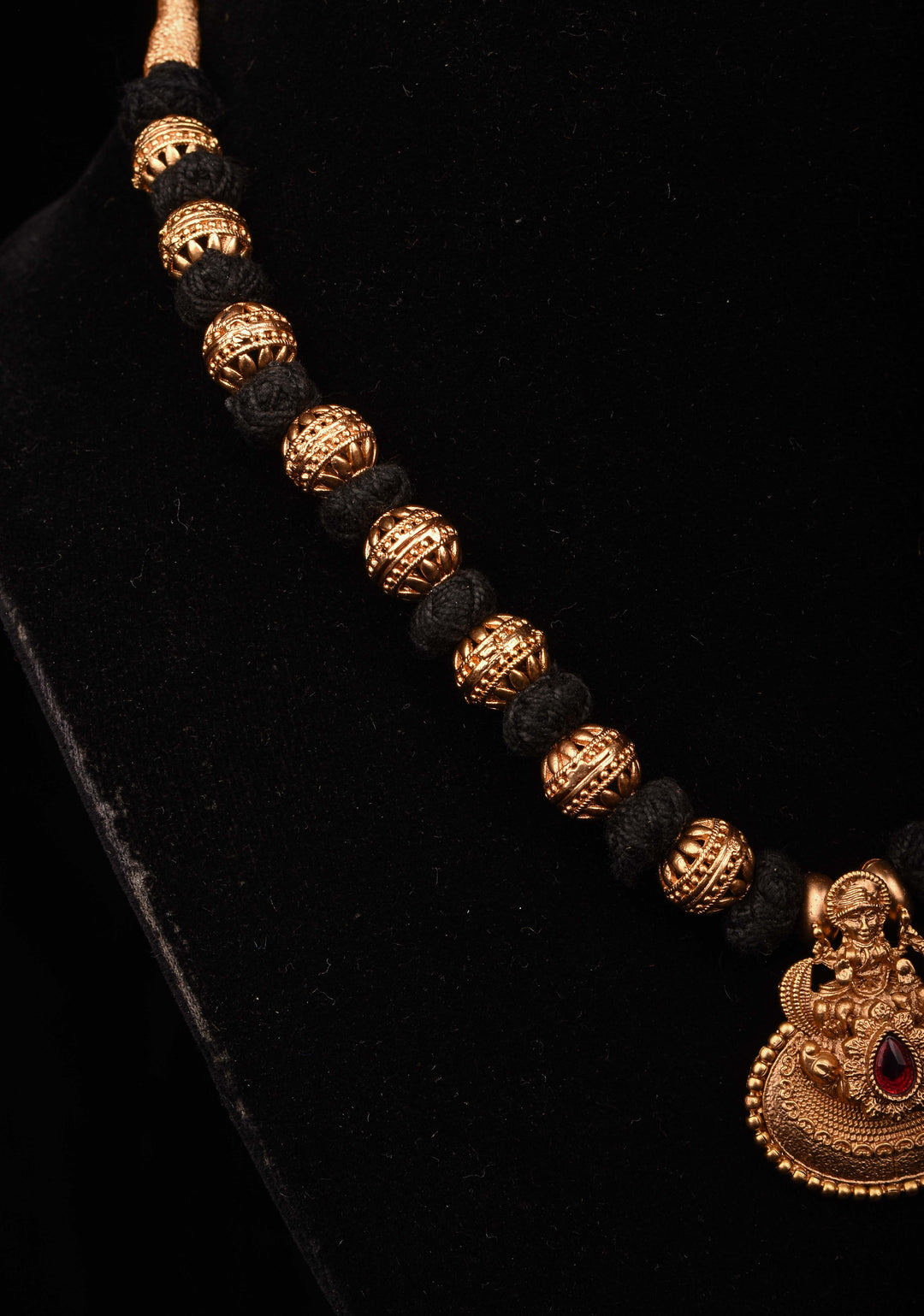 Traditional Black Thread Necklace Set with Lakshmi Pendant and Gold Beads