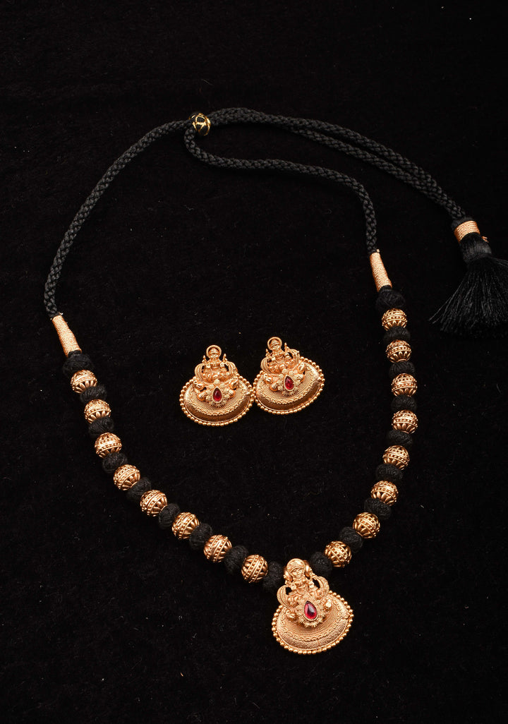 Traditional Black Thread Necklace Set with Lakshmi Pendant and Gold Beads