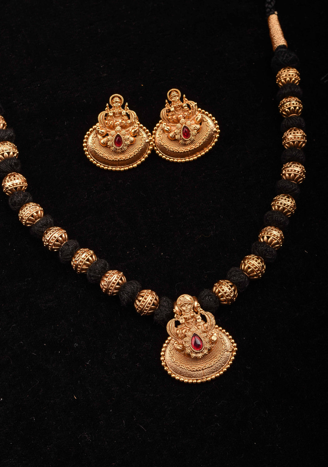 Traditional Black Thread Necklace Set with Lakshmi Pendant and Gold Beads