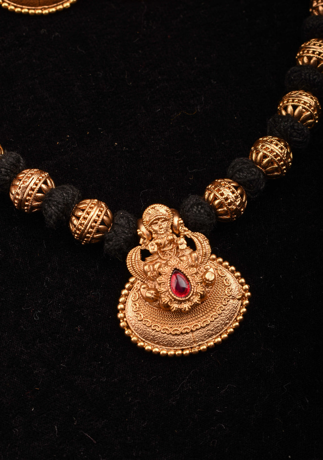 Traditional Black Thread Necklace Set with Lakshmi Pendant and Gold Beads