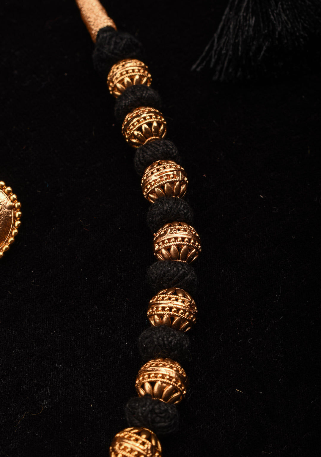 Traditional Black Thread Necklace Set with Lakshmi Pendant and Gold Beads