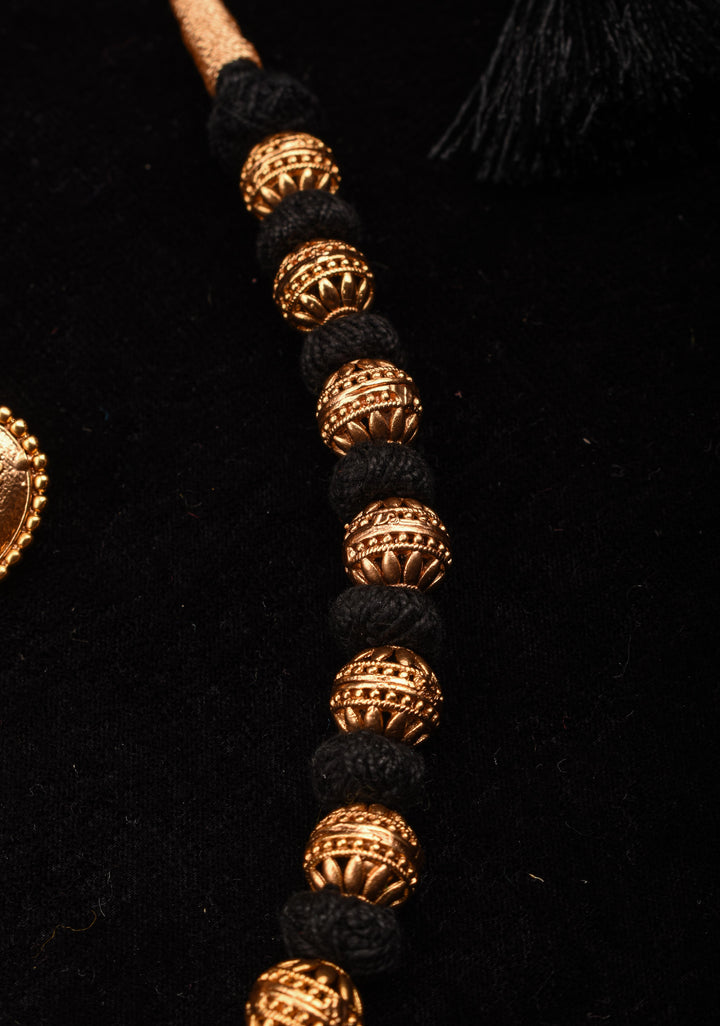 Traditional Black Thread Necklace Set with Lakshmi Pendant and Gold Beads