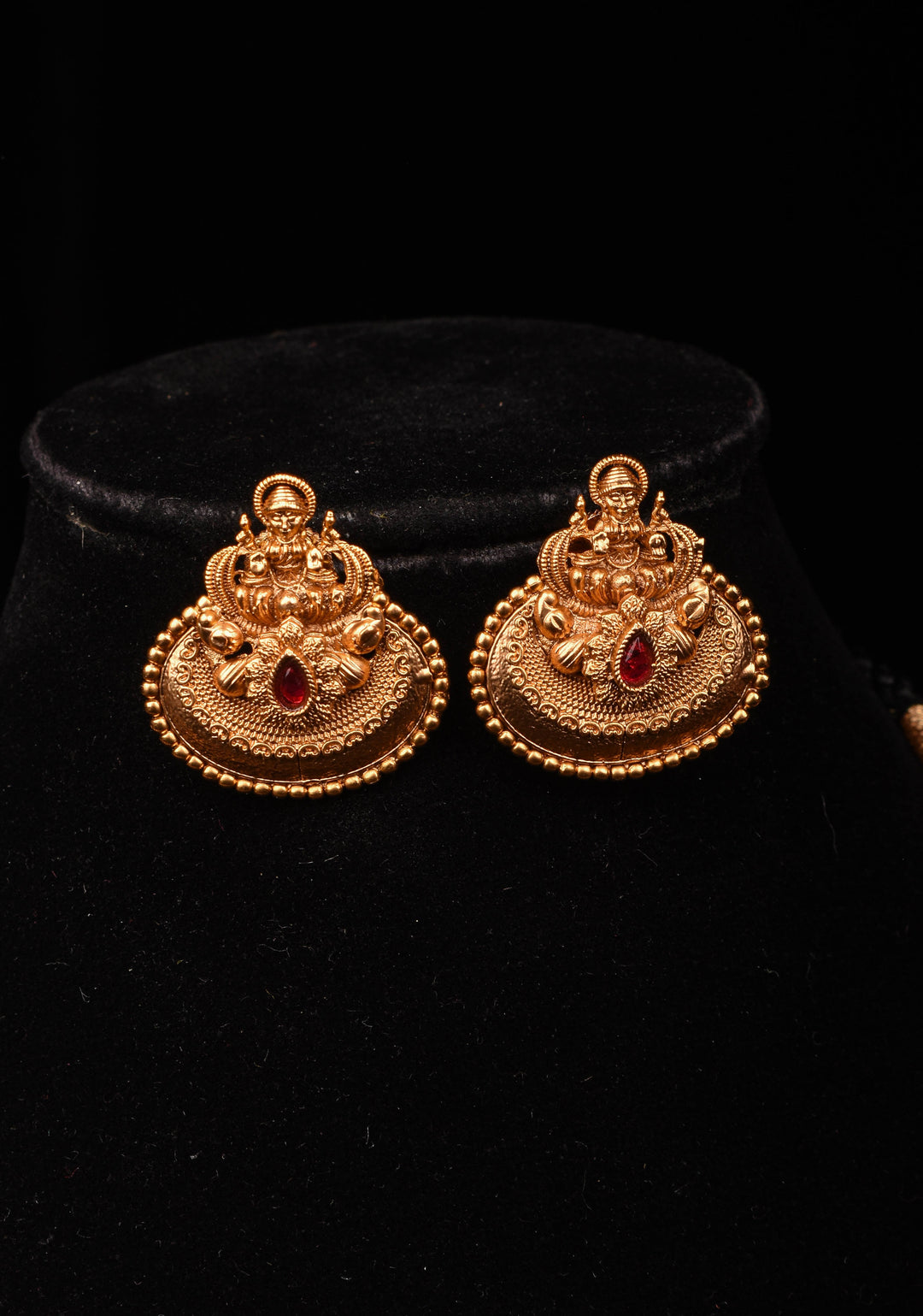 Traditional Black Thread Necklace Set with Lakshmi Pendant and Gold Beads