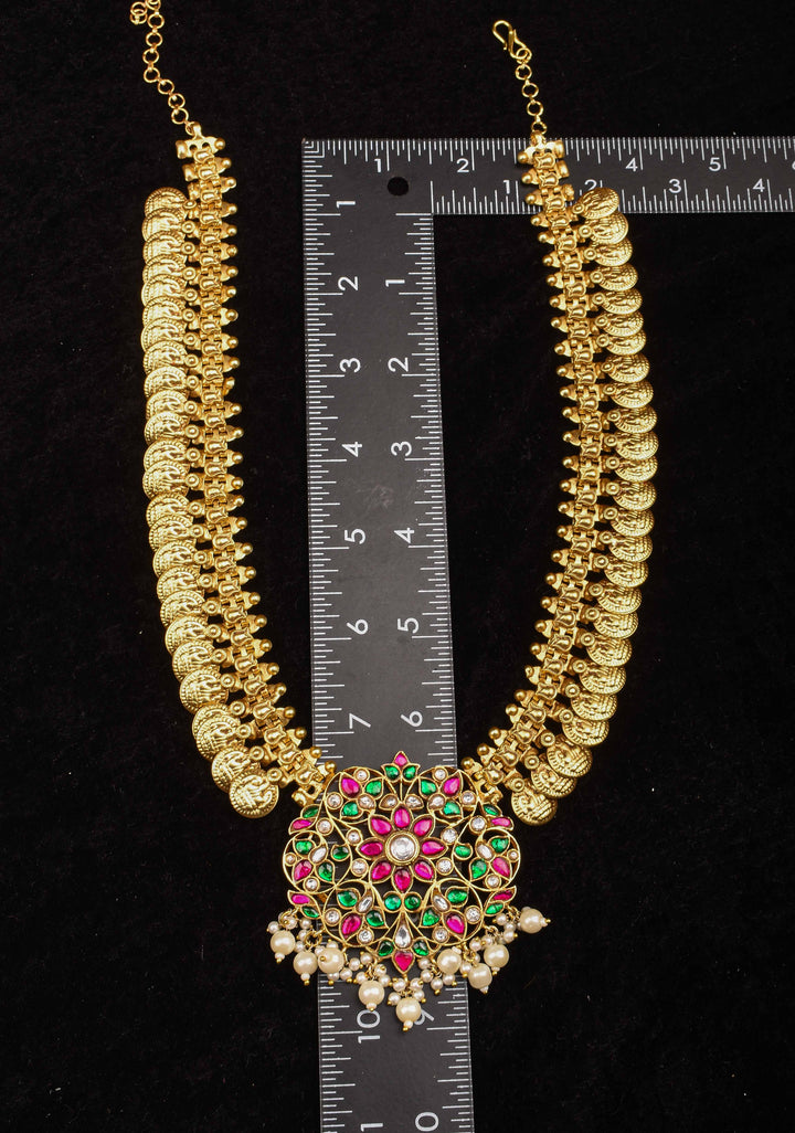 Vintage Style Lakshmi Coin Necklace with Kemp Stone Floral Design Pendant