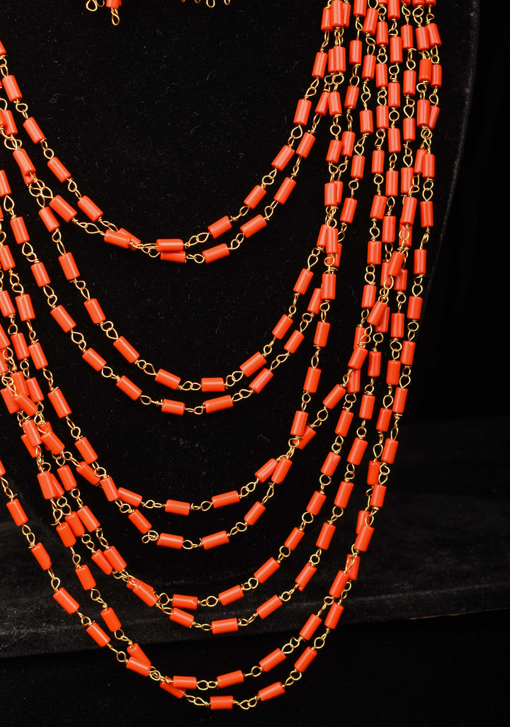 Natural Mediterranean Coral Inspired Beads Layered Necklace and Earrings set