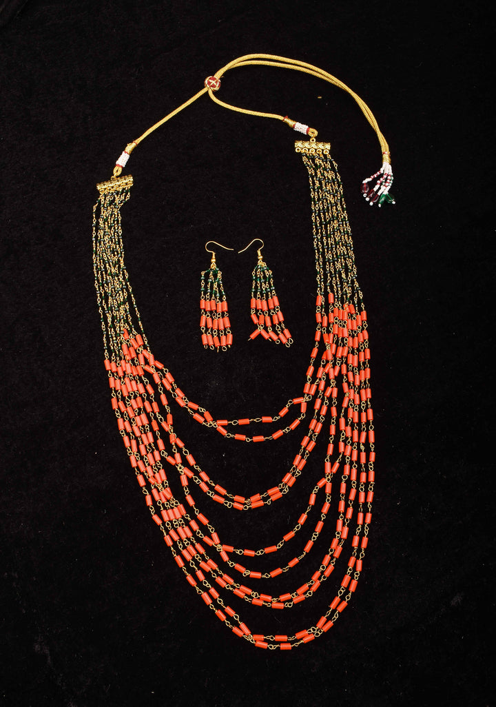 Natural Mediterranean Coral Inspired Beads Layered Necklace and Earrings set