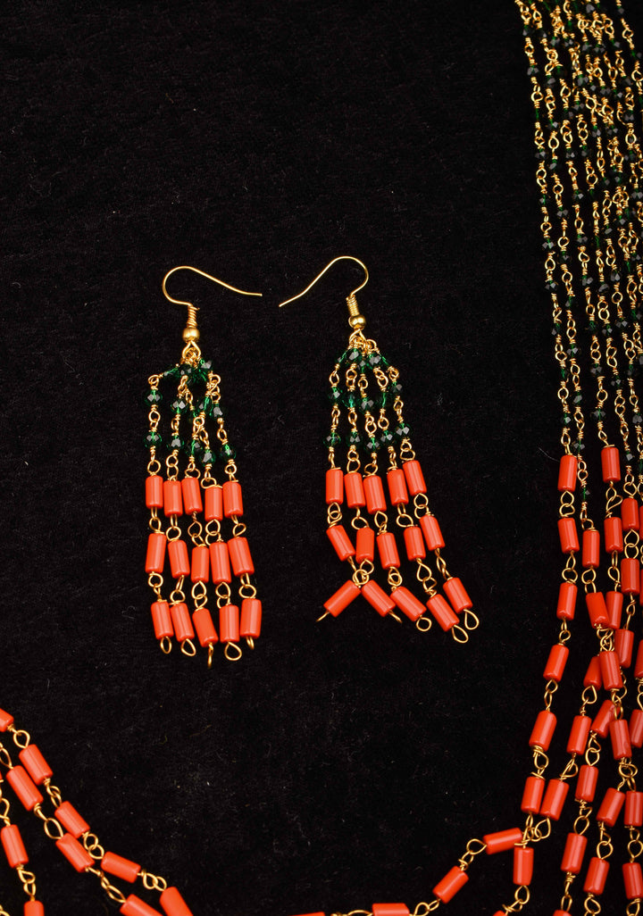 Natural Mediterranean Coral Inspired Beads Layered Necklace and Earrings set