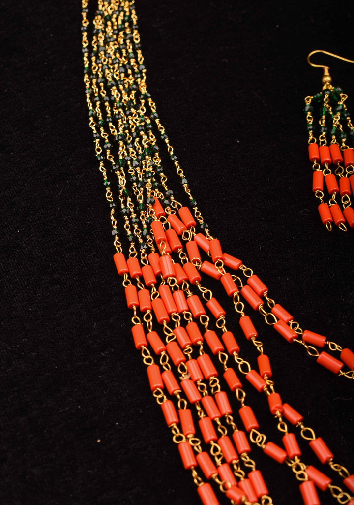 Natural Mediterranean Coral Inspired Beads Layered Necklace and Earrings set