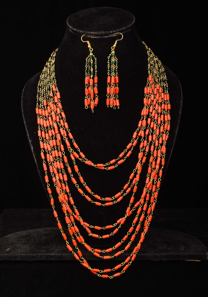 Natural Mediterranean Coral Inspired Beads Layered Necklace and Earrings set