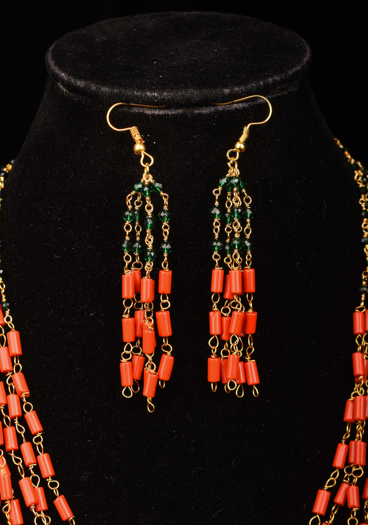 Natural Mediterranean Coral Inspired Beads Layered Necklace and Earrings set