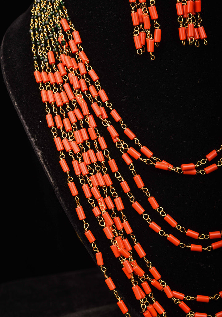 Natural Mediterranean Coral Inspired Beads Layered Necklace and Earrings set
