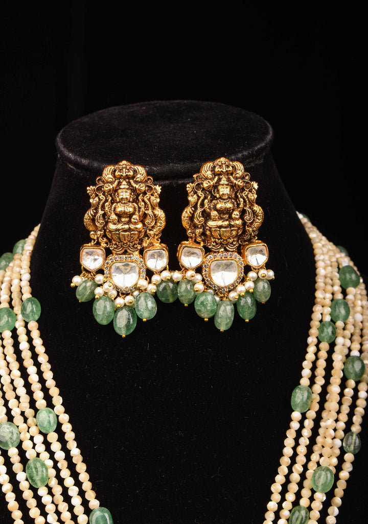 Multilayer White and Green Beaded Kundan Jadau Necklace Set with Lakshmi Pendant