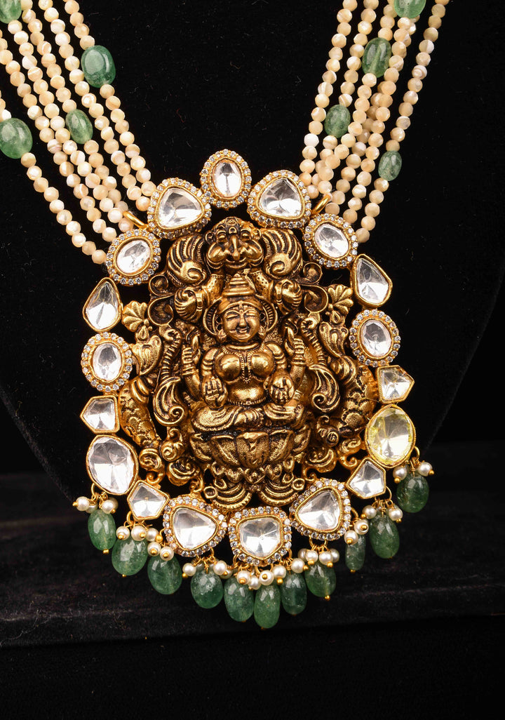 Multilayer White and Green Beaded Kundan Jadau Necklace Set with Lakshmi Pendant