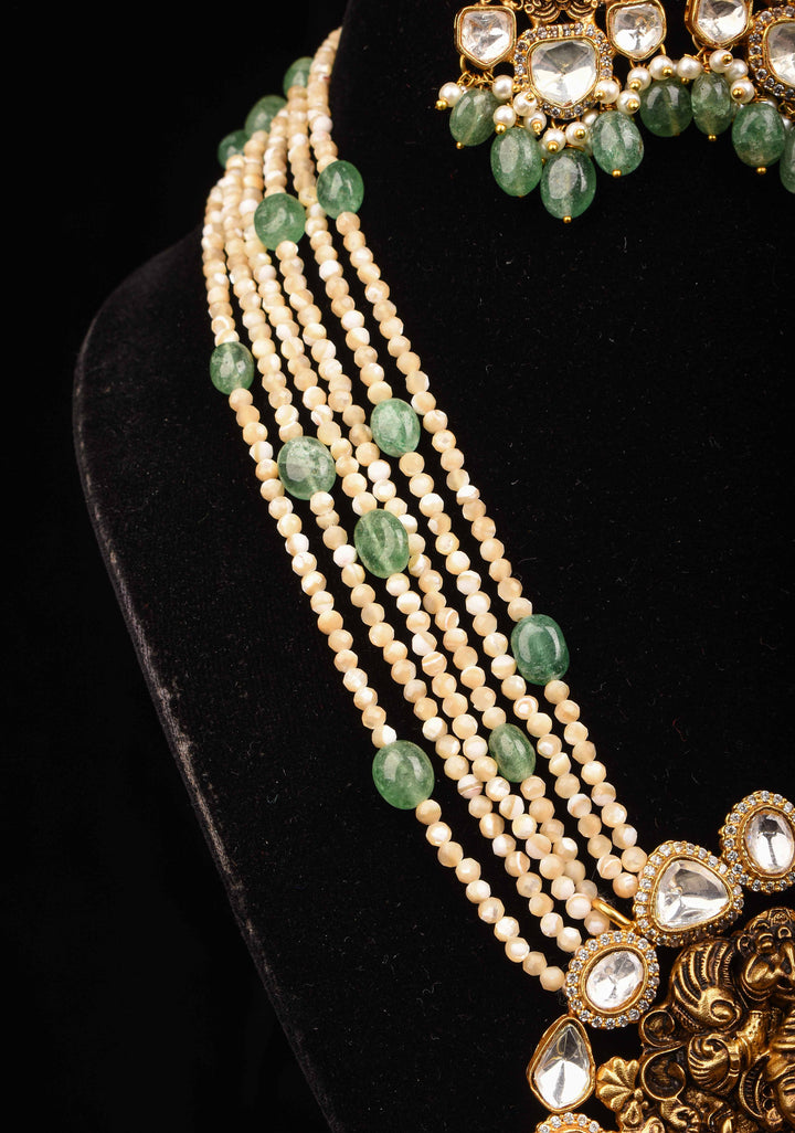 Multilayer White and Green Beaded Kundan Jadau Necklace Set with Lakshmi Pendant