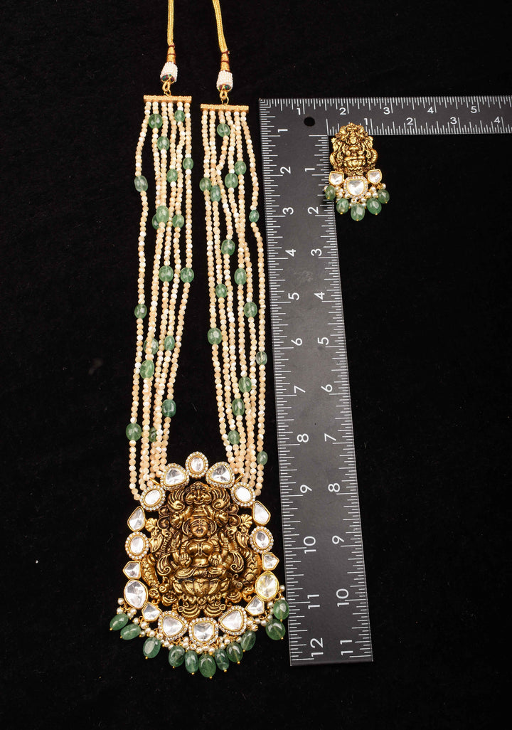 Multilayer White and Green Beaded Kundan Jadau Necklace Set with Lakshmi Pendant
