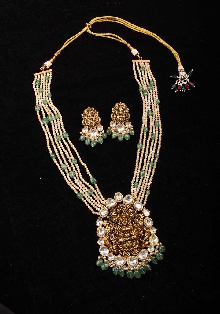 Multilayer White and Green Beaded Kundan Jadau Necklace Set with Lakshmi Pendant