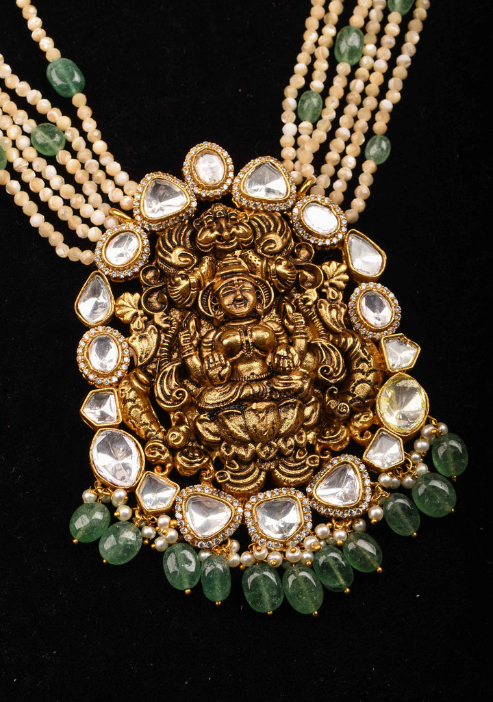Multilayer White and Green Beaded Kundan Jadau Necklace Set with Lakshmi Pendant