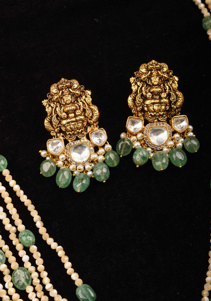Multilayer White and Green Beaded Kundan Jadau Necklace Set with Lakshmi Pendant