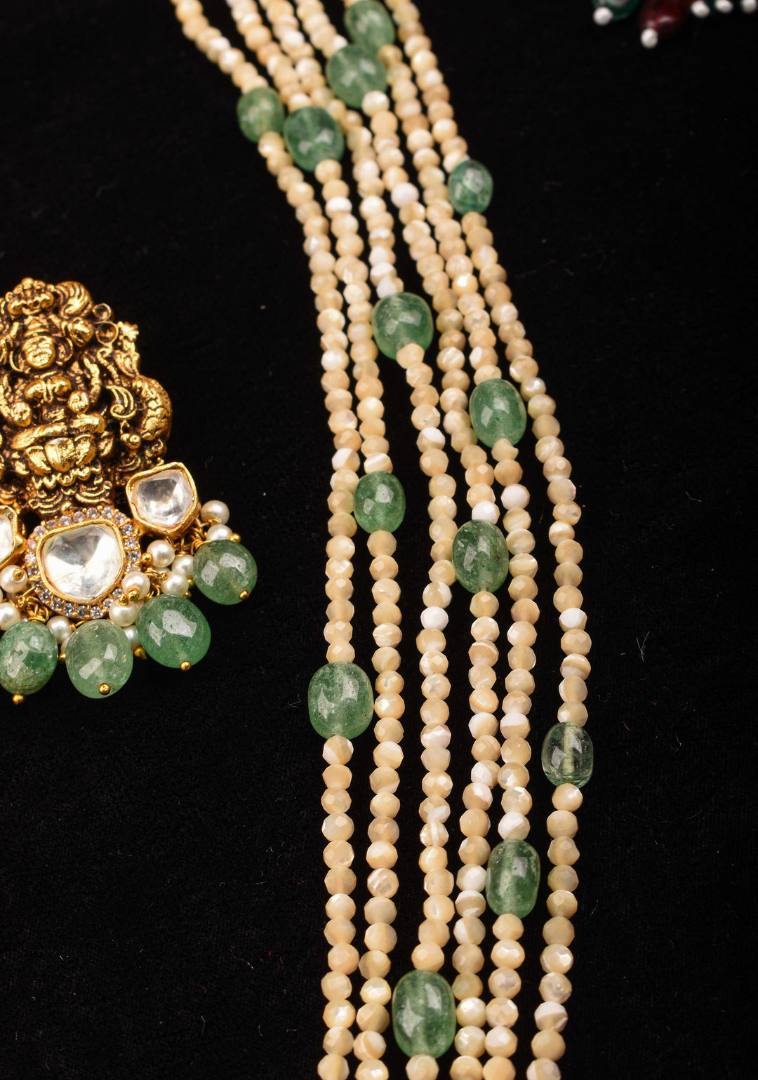 Multilayer White and Green Beaded Kundan Jadau Necklace Set with Lakshmi Pendant
