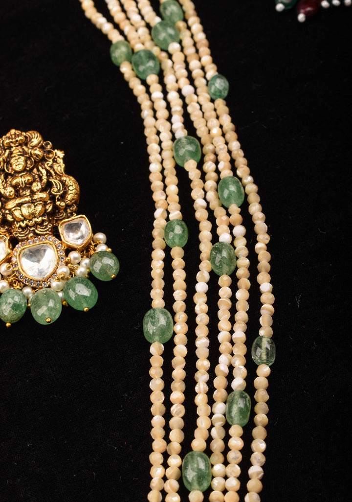 Multilayer White and Green Beaded Kundan Jadau Necklace Set with Lakshmi Pendant