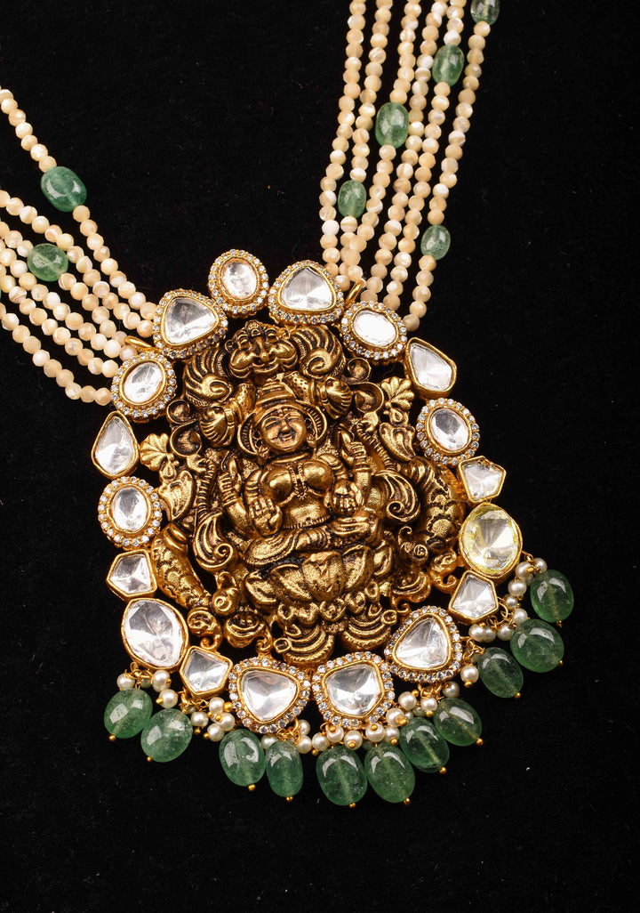 Multilayer White and Green Beaded Kundan Jadau Necklace Set with Lakshmi Pendant
