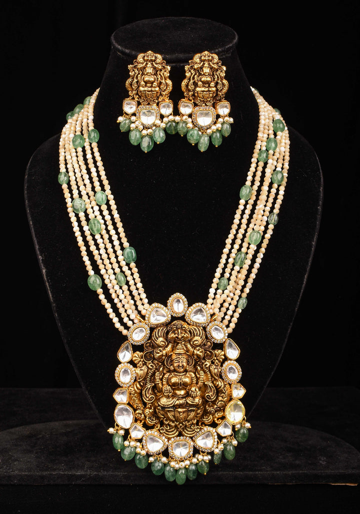 Multilayer White and Green Beaded Kundan Jadau Necklace Set with Lakshmi Pendant