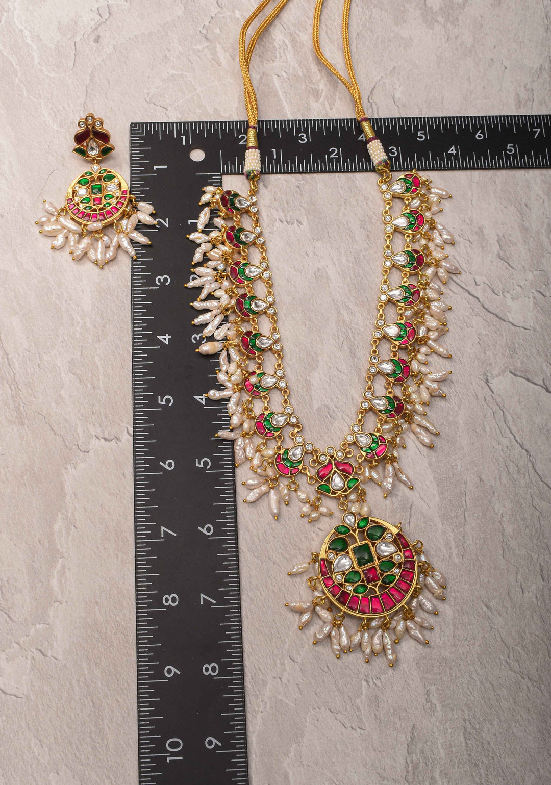 Rajwadi Jadau  Necklace Set with Rice Pearl Clusters and Gemstone Details