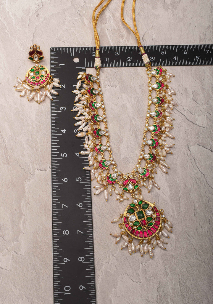 Rajwadi Jadau  Necklace Set with Rice Pearl Clusters and Gemstone Details