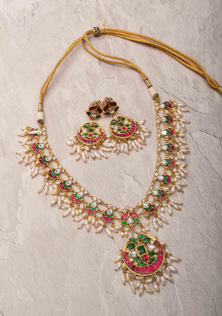 Rajwadi Jadau  Necklace Set with Rice Pearl Clusters and Gemstone Details