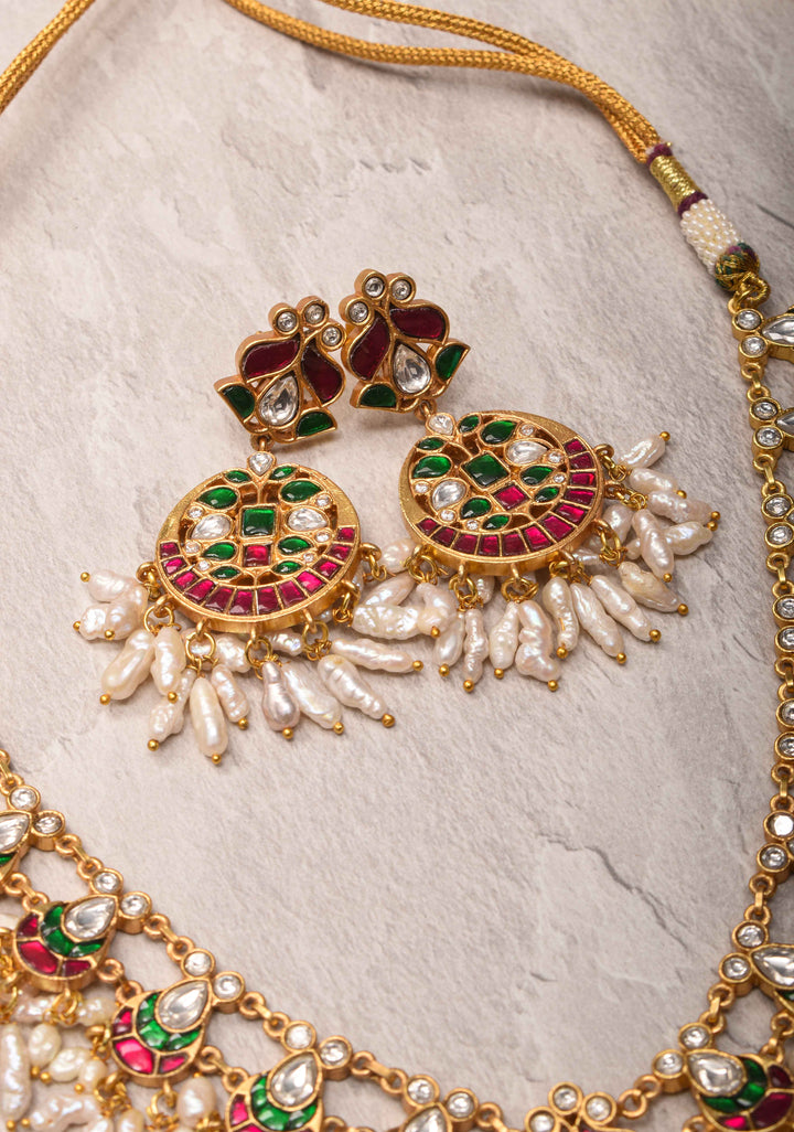 Rajwadi Jadau  Necklace Set with Rice Pearl Clusters and Gemstone Details