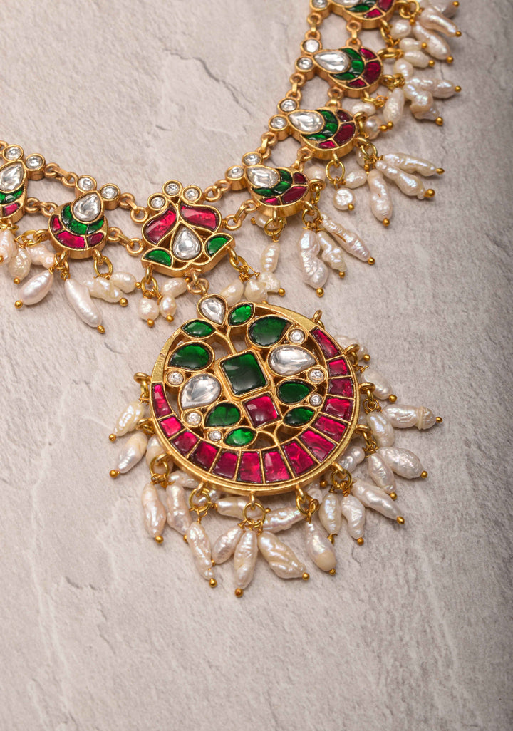 Rajwadi Jadau  Necklace Set with Rice Pearl Clusters and Gemstone Details