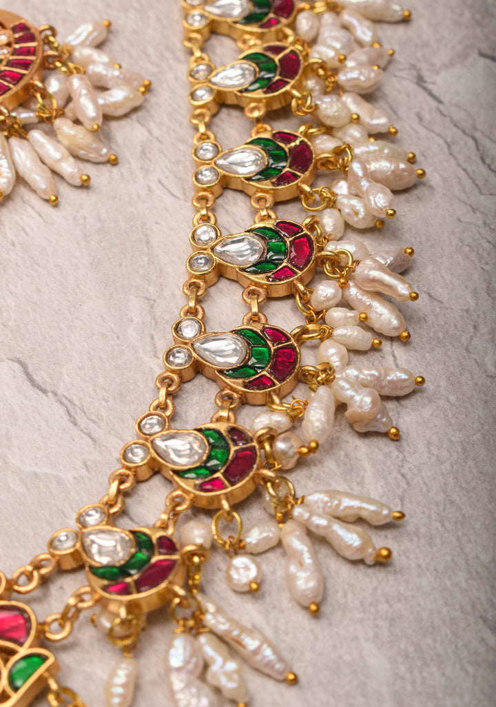 Rajwadi Jadau  Necklace Set with Rice Pearl Clusters and Gemstone Details