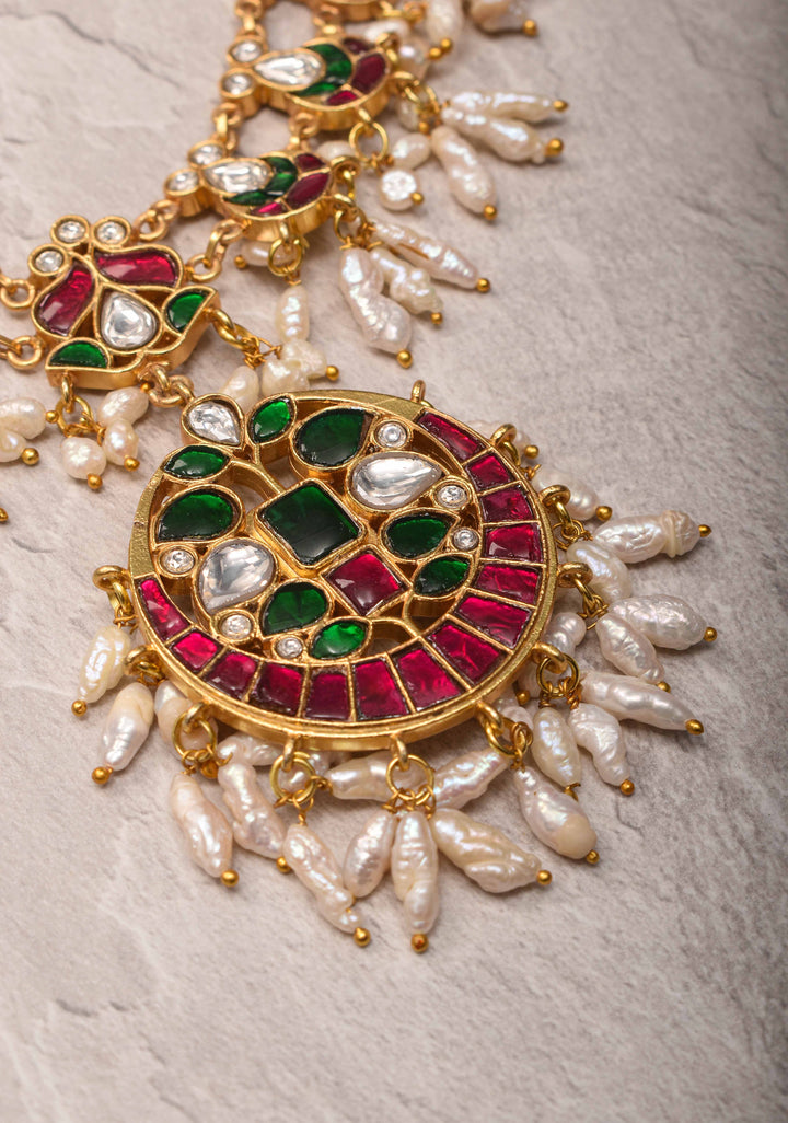 Rajwadi Jadau  Necklace Set with Rice Pearl Clusters and Gemstone Details