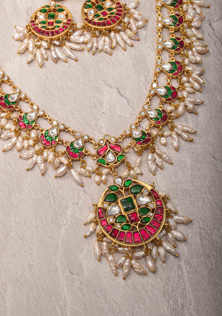 Rajwadi Jadau  Necklace Set with Rice Pearl Clusters and Gemstone Details