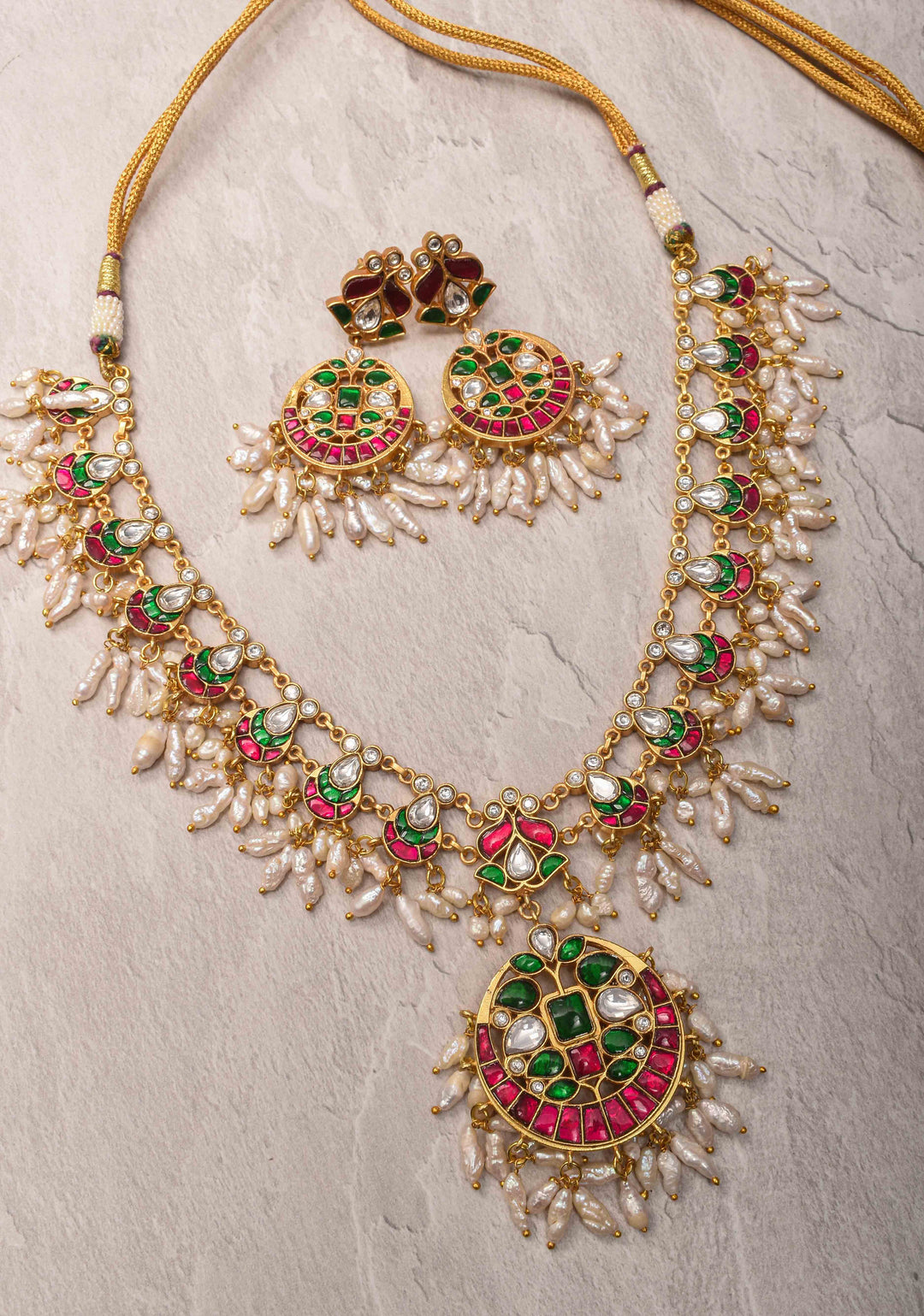 Rajwadi Jadau  Necklace Set with Rice Pearl Clusters and Gemstone Details