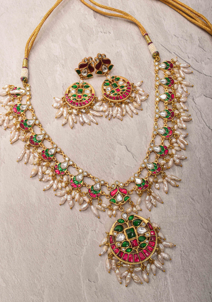 Rajwadi Jadau  Necklace Set with Rice Pearl Clusters and Gemstone Details