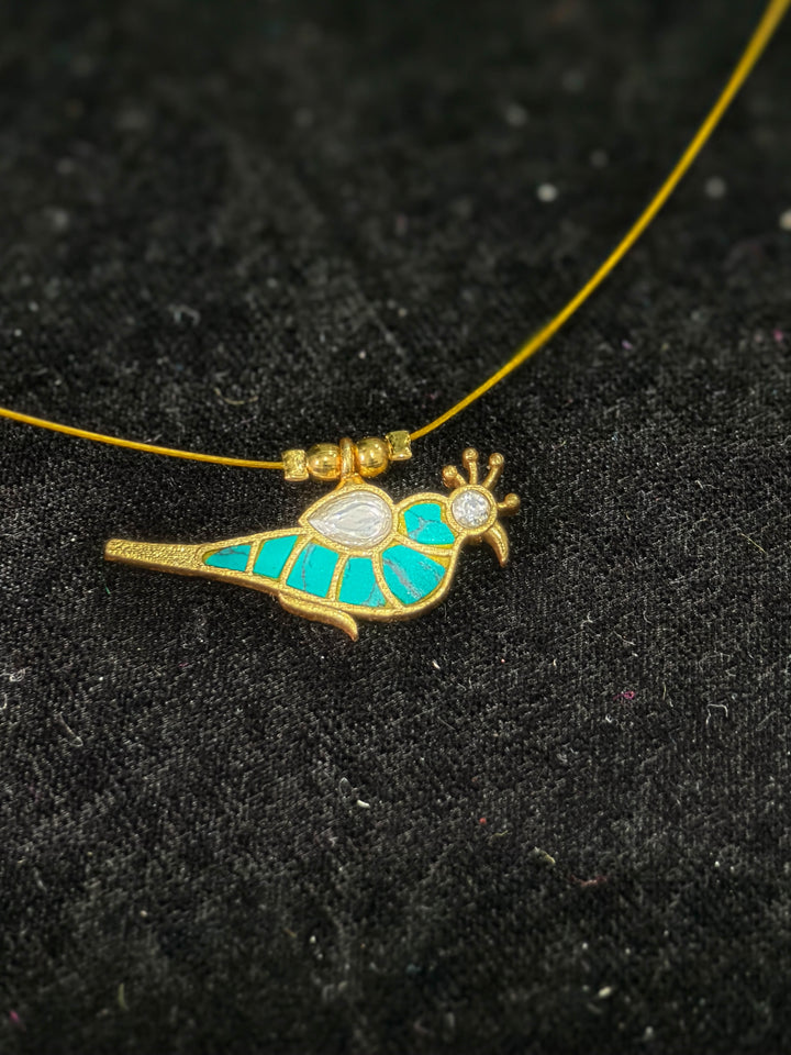 Invisible wire chain with Turquoise Parrot Jadau Pendant