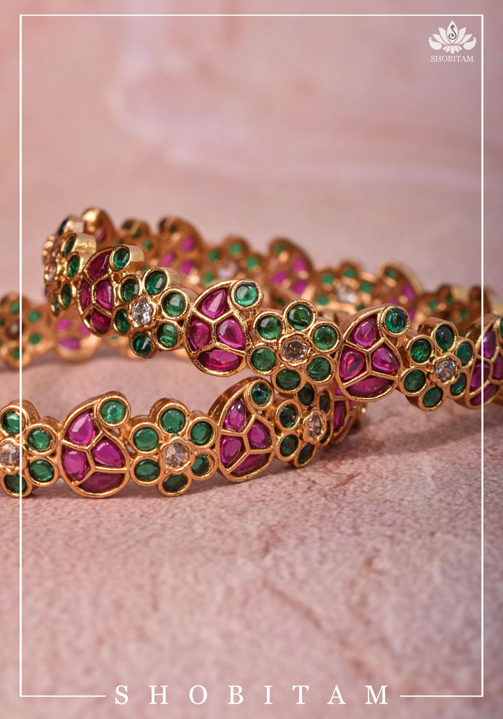 Size 2.6-  Kundan Stone Bangles with Floral  and Mango Units designs  | Shobitam Jewelery