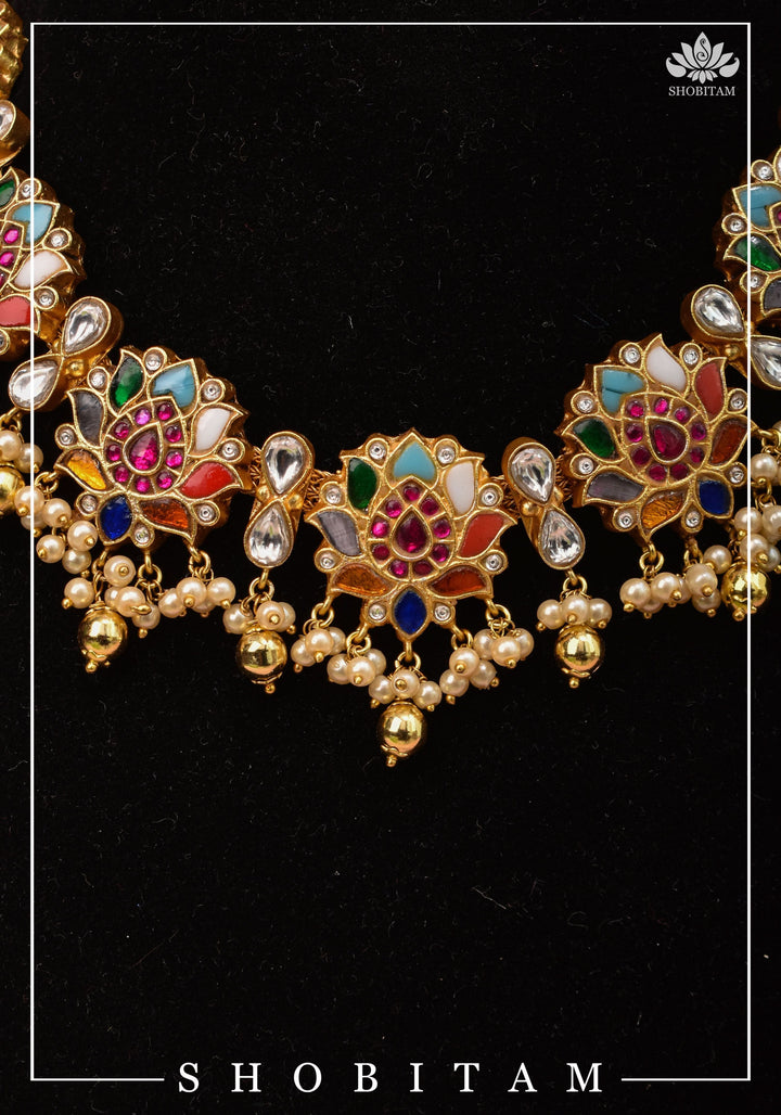 Navratna Jadau Blooming Lotus Design Necklace Set | Shobitam Jewelry